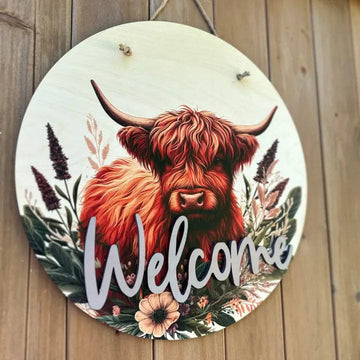 Faire-Teele & Co Sign Highland Cow Welcome Sign Door Hangers Two Designs